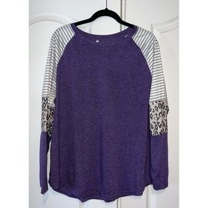 Women's Multi Print Purple Stripes Long Sleeve Shirt Stretch Soft Basic Top XXL